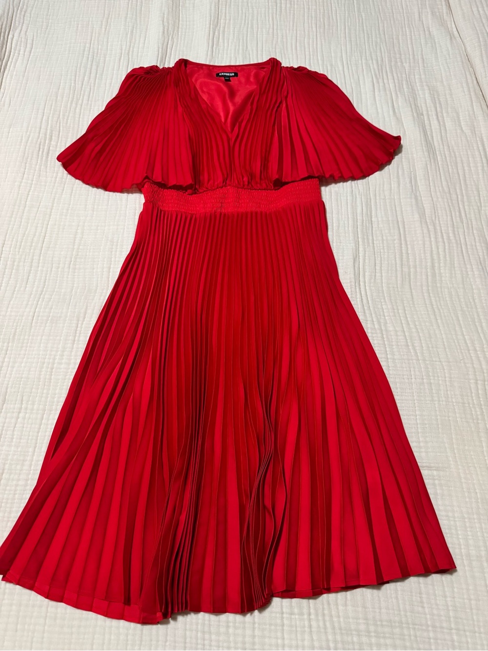 Express Red Pleated Midi Dress with V-Neck and Cape Sleeves